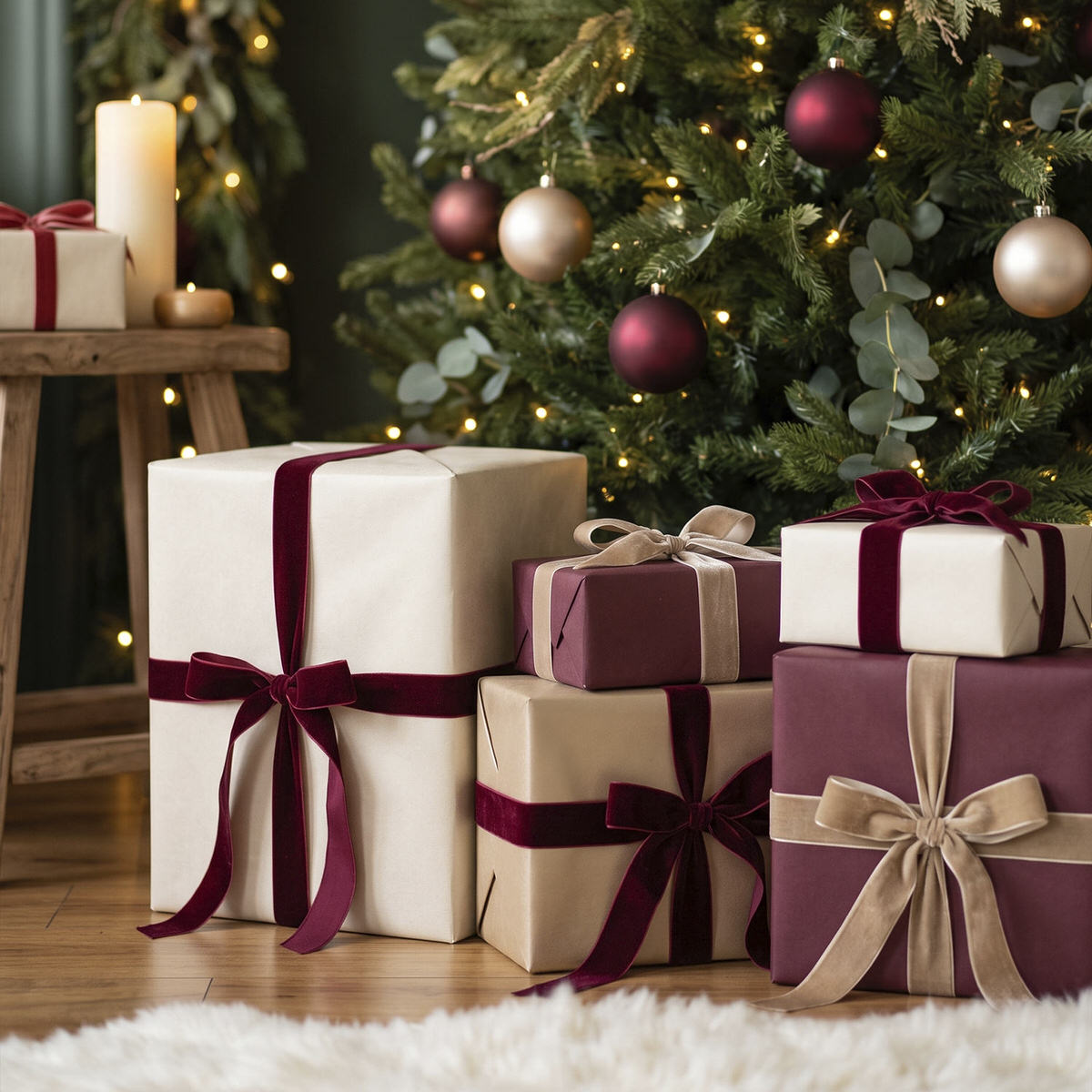 Regalos con moños de terciopelo guinda y champagne