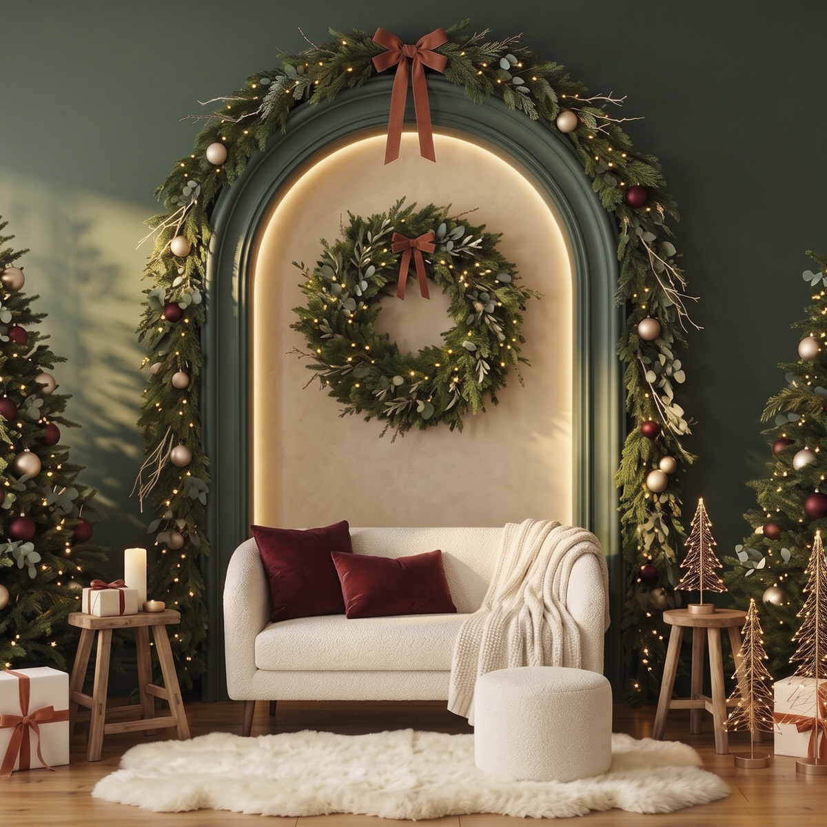Set navideño con arco verde, corona y sillón blanco
